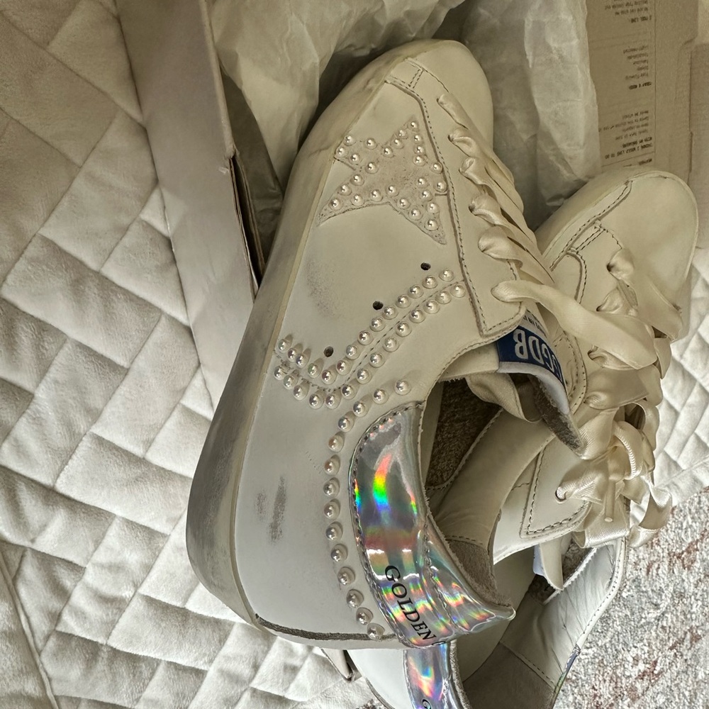 Golden Goose White Sneakers with Silver and Holographic Accents